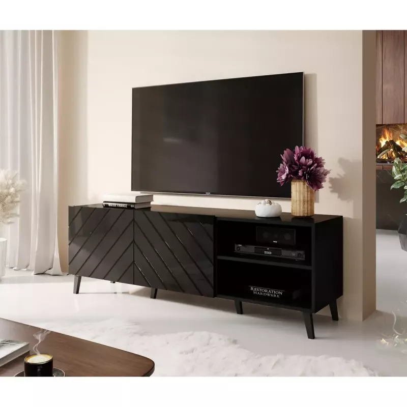 Szafka RTV ABETO 150x42x52 cm, czarny połysk, blat MDF, czarna rama