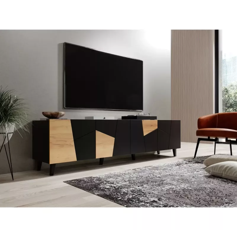 Szafka TV cama meble ETNA 200×42×52 cm, czarny matowy blat, rama w kolorze dębu rzemieślniczego