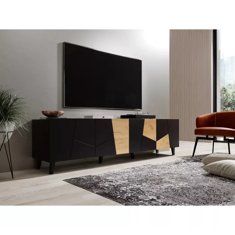 Szafka TV cama meble ETNA 200×42×52 cm, czarny matowy blat, rama w kolorze dębu rzemieślniczego