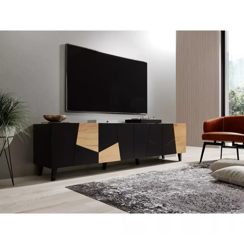 Szafka TV cama meble ETNA 200×42×52 cm, czarny matowy blat, rama w kolorze dębu rzemieślniczego