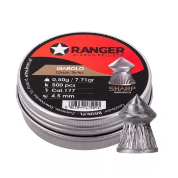 Śrut wiatrówkowy RANGER CLAS03.45.500 — diabolo 4,5 mm, ostry rowkowany grot, 500 szt. w aluminiowym dozowniku