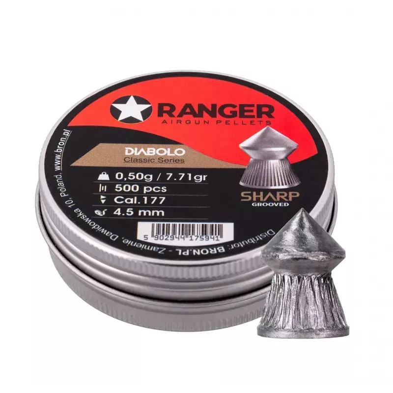 Śrut wiatrówkowy RANGER CLAS03.45.500 — diabolo 4,5 mm, ostry rowkowany grot, 500 szt. w aluminiowym dozowniku