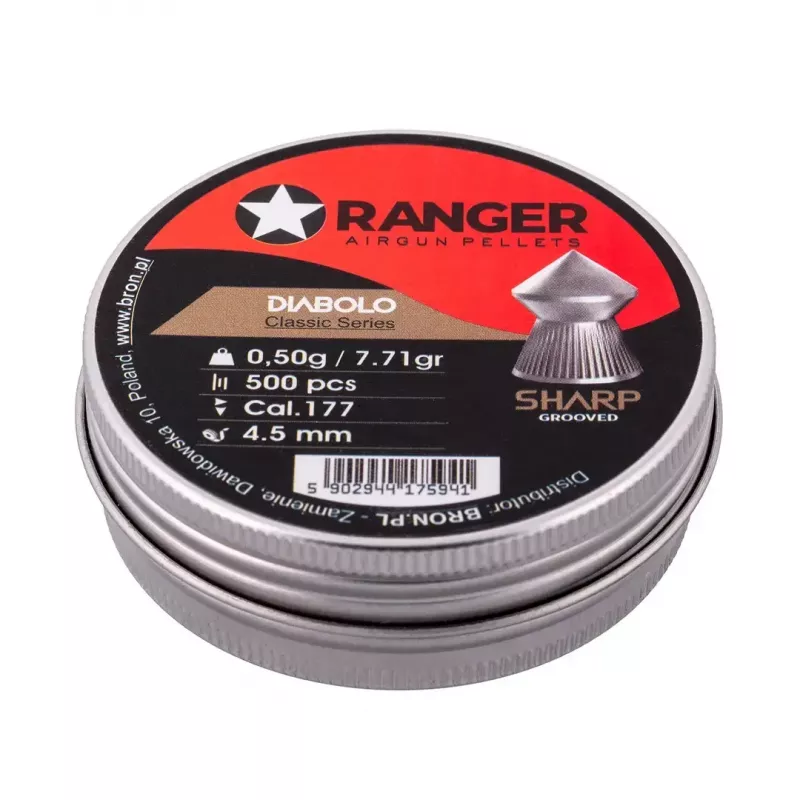 Śrut wiatrówkowy RANGER CLAS03.45.500 — diabolo 4,5 mm, ostry rowkowany grot, 500 szt. w aluminiowym dozowniku