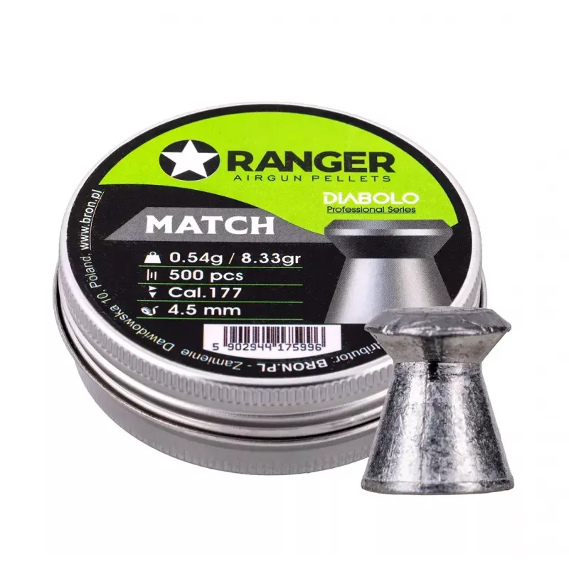 Śrut wiatrówkowy RANGER PRORO 4.5 mm Diabolo — 500 szt., srebrny, aluminiowy dozownik
