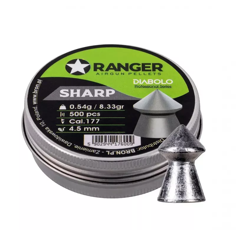 Śrut pneumatyczny RANGER PRORO.45.500.S — 4,5 mm diabolo szpic, 500 szt., aluminiowy dozownik