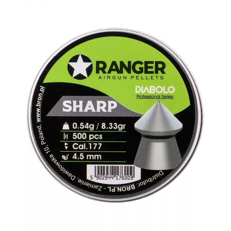 Śrut pneumatyczny RANGER PRORO.45.500.S — 4,5 mm diabolo szpic, 500 szt., aluminiowy dozownik