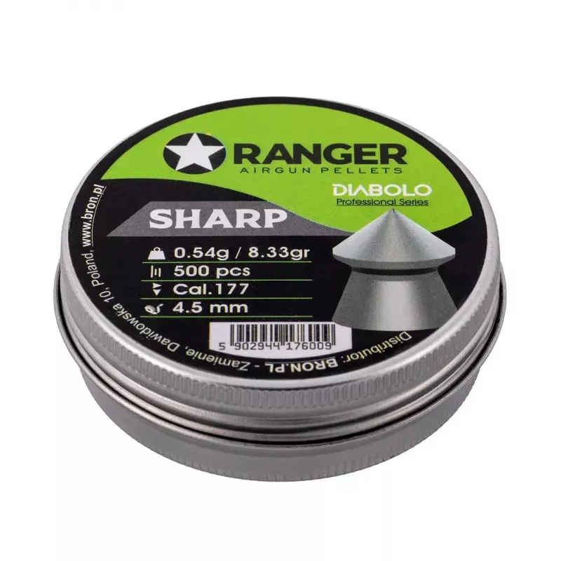 Śrut pneumatyczny RANGER PRORO.45.500.S — 4,5 mm diabolo szpic, 500 szt., aluminiowy dozownik