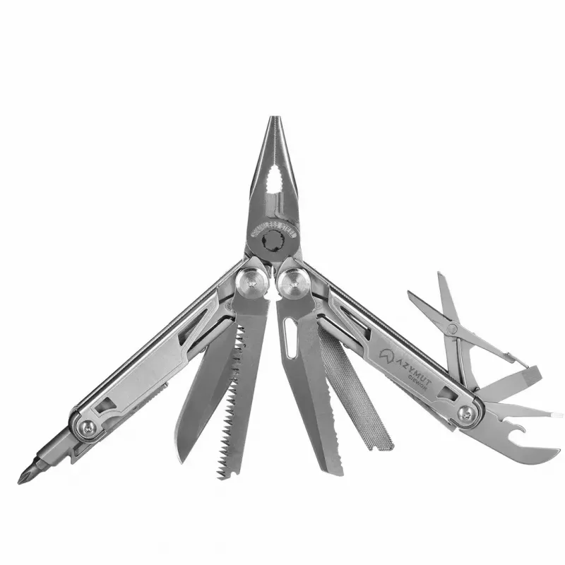 Multitool AZYMUT H2038 pełnowymiarowe narzędzie wielofunkcyjne — 14 narzędzi, 16,2 cm po rozłożeniu, 10,1 cm po złożeniu, 264 g, stal 420/7CR13, kabura skórzana