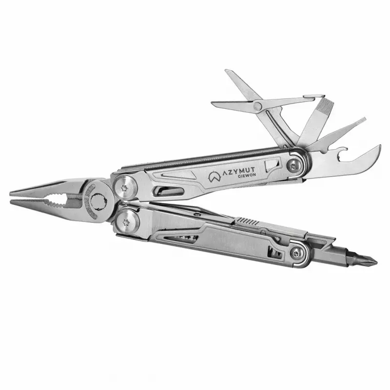 Multitool AZYMUT H2038 pełnowymiarowe narzędzie wielofunkcyjne — 14 narzędzi, 16,2 cm po rozłożeniu, 10,1 cm po złożeniu, 264 g, stal 420/7CR13, kabura skórzana