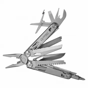 Multitool AZYMUT H2038 pełnowymiarowe narzędzie wielofunkcyjne — 14 narzędzi, 16,2 cm po rozłożeniu, 10,1 cm po złożeniu, 264 g, stal 420/7CR13, kabura skórzana