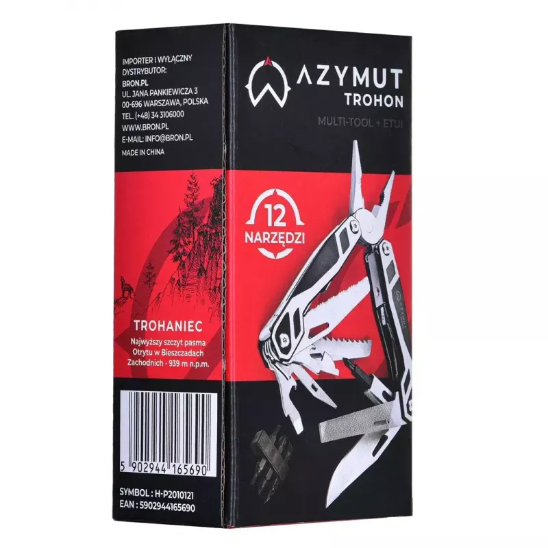 Multitool AZYMUT Trohon H-P2010121 — pełnowymiarowe 12-funkcyjne szczypce ze stali nierdzewnej, 8 bitów, składana długość 10,5 cm, 381 g