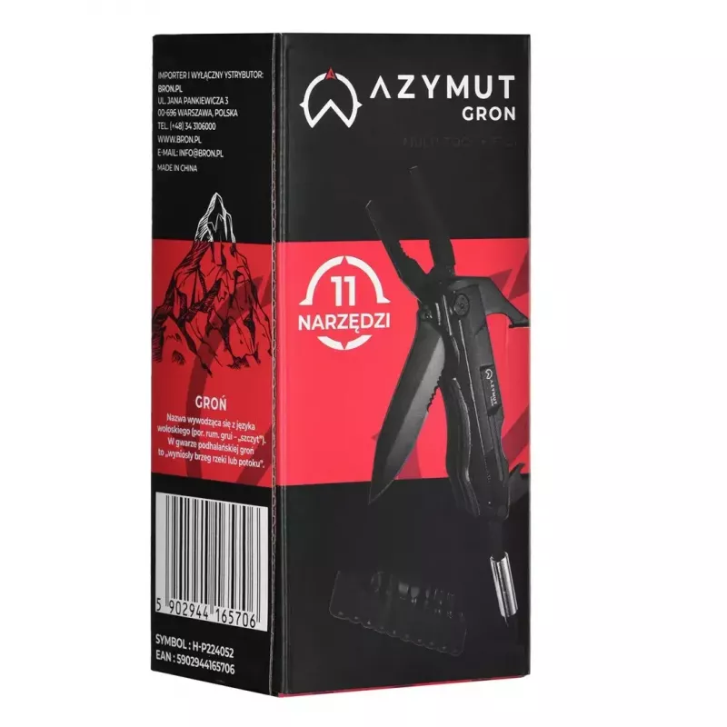 Multitool AZYMUT Gron — pełnowymiarowy multitool, 11 narzędzi, 9 bitów, stal nierdzewna, złożony 11 cm, rozłożony 15,4 cm