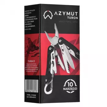 Multitool AZYMUT Turon 10 narzędzi karabinek H-P224108 — stal nierdzewna 420, 10 funkcji, złożony 11 cm, waga 224 g, kabura skórzana