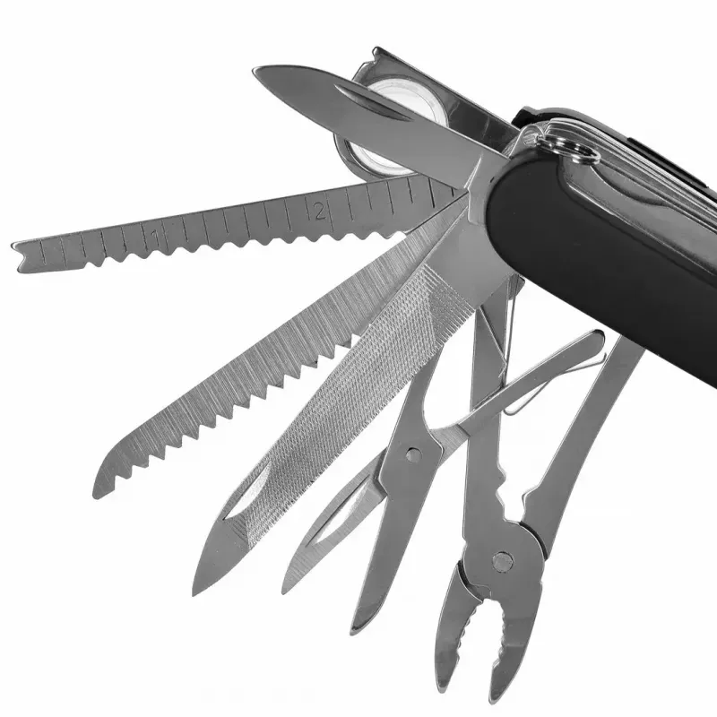 Nóż składany AZYMUT Tatron wielofunkcyjny nóż składany 25 narzędzi, stal nierdzewna, 9 cm po złożeniu, 200 g, skórzany pokrowiec