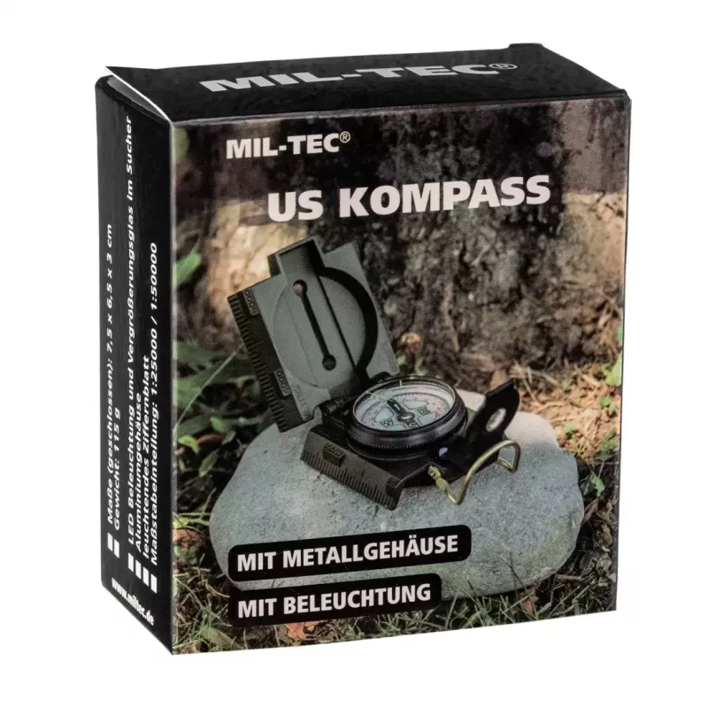 Magnetyczny kompas nawigacyjny Mil‑Tec Mil‑Tec US z podświetleniem, aluminiowa obudowa, skale 1:50k i 1:25k, oliwkowy