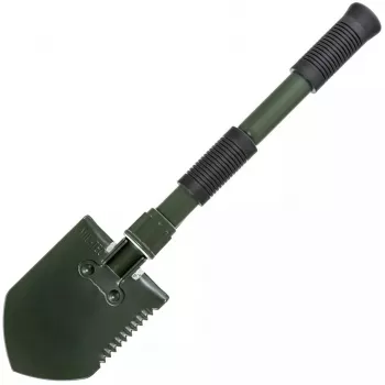 Składana łopata Mil-Tec Mini II — kompaktowe narzędzie saperskie, długość 405 mm, szerokość ostrza 100 mm, masa 560 g, składana (15,5 x 10 x 6,5 cm)