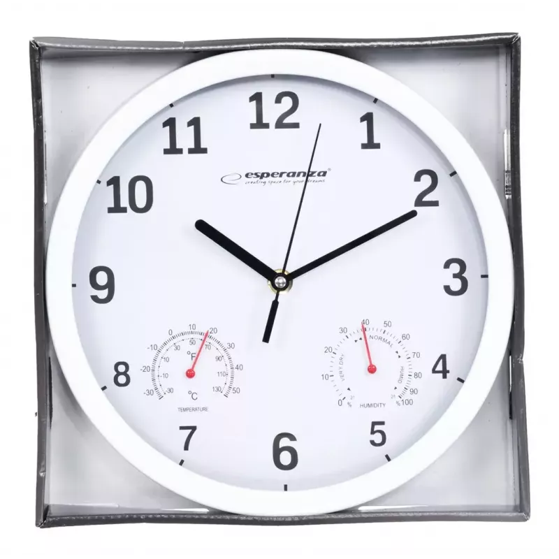 Zegar ścienny ESPERANZA EHC016K Lyon Czarny, średnica 25 cm, cichy mechanizm, szklana osłona, plastikowa rama