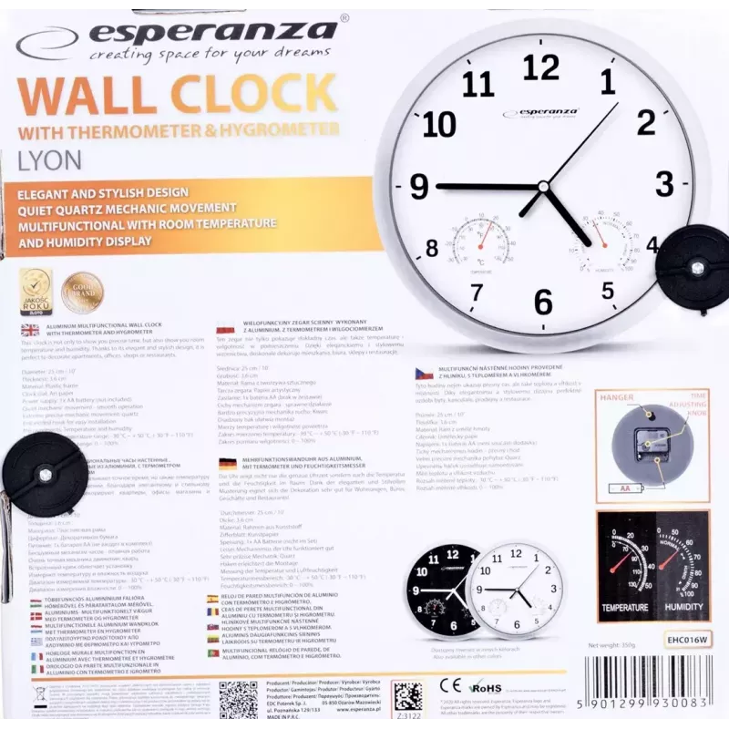 Zegar ścienny ESPERANZA EHC016K Lyon Czarny, średnica 25 cm, cichy mechanizm, szklana osłona, plastikowa rama