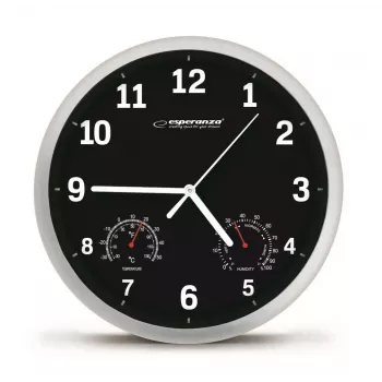 Zegar ścienny ESPERANZA EHC016K Lyon Czarny, średnica 25 cm, cichy mechanizm, szklana osłona, plastikowa rama