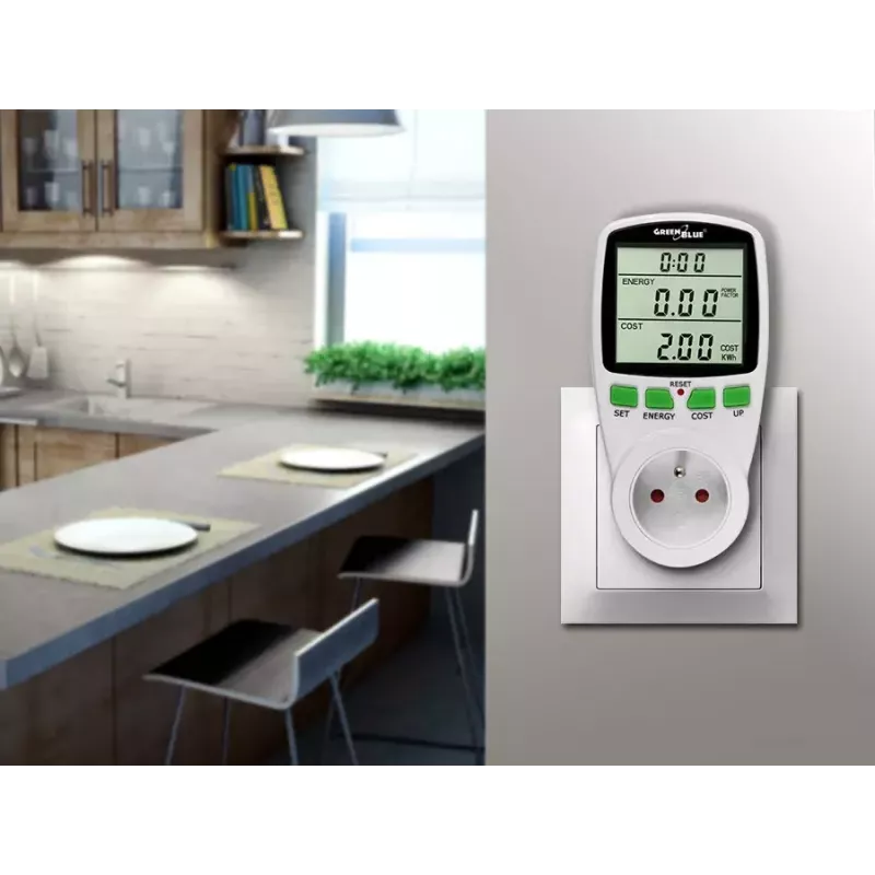Watomierz GreenBlue GB202 miernik mocy 0–9999 W, maks. 3600 W, 220–240 V, 16 A, wyświetlacz LCD