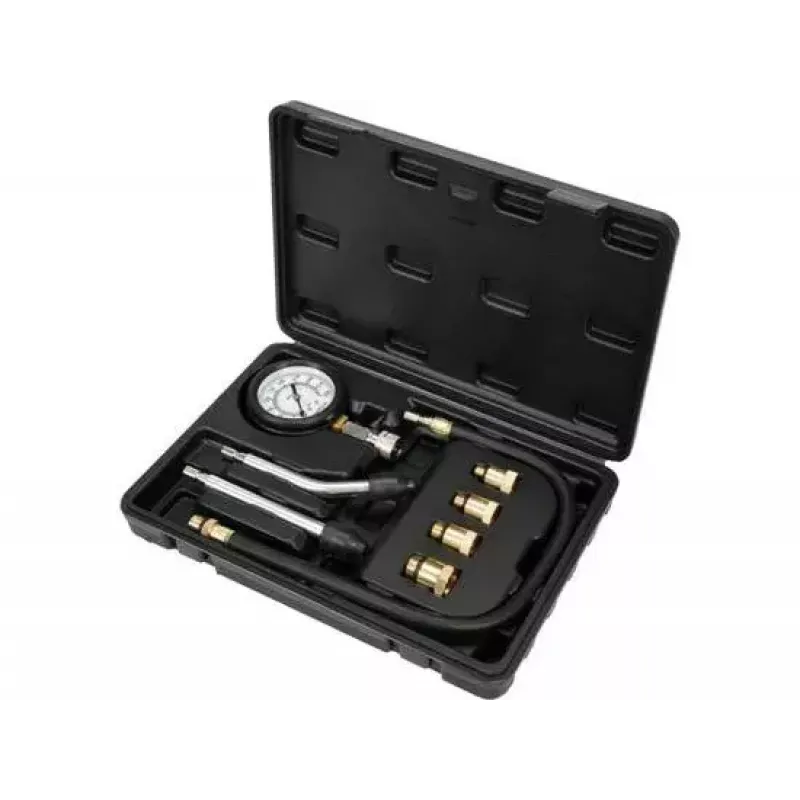 Analogowy manometr YATO YT-73022 0–20 bar, tarcza 75 mm, stal węglowa, wąż 0,5 m, 4 mosiężne adaptery, walizka