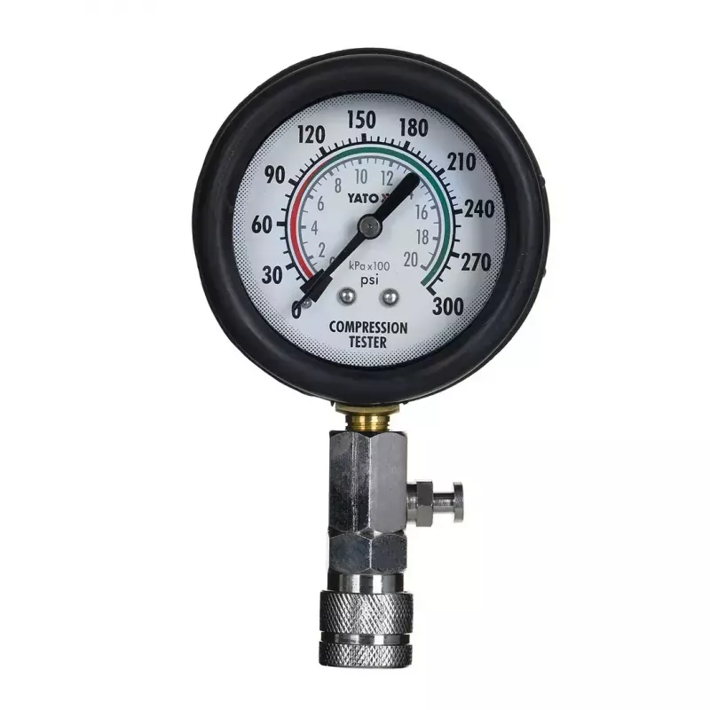 Analogowy manometr YATO YT-73022 0–20 bar, tarcza 75 mm, stal węglowa, wąż 0,5 m, 4 mosiężne adaptery, walizka