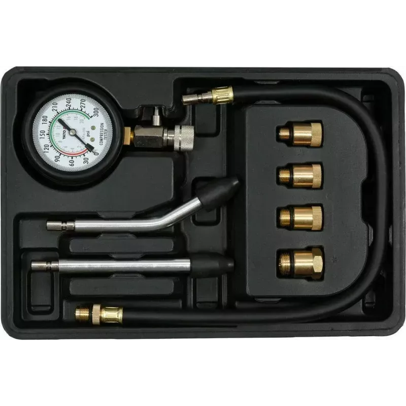 Analogowy manometr YATO YT-73022 0–20 bar, tarcza 75 mm, stal węglowa, wąż 0,5 m, 4 mosiężne adaptery, walizka