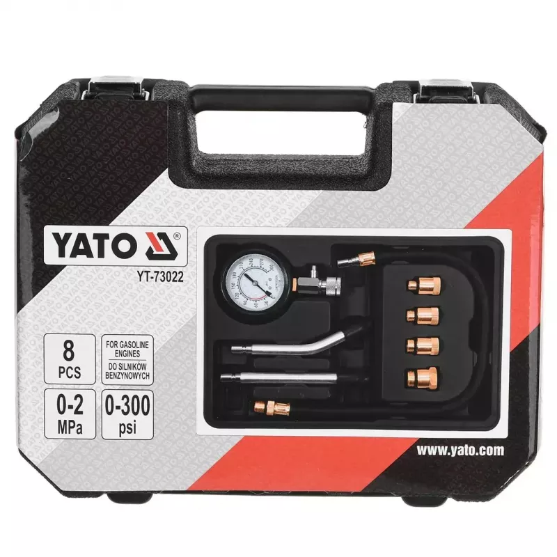 Analogowy manometr YATO YT-73022 0–20 bar, tarcza 75 mm, stal węglowa, wąż 0,5 m, 4 mosiężne adaptery, walizka