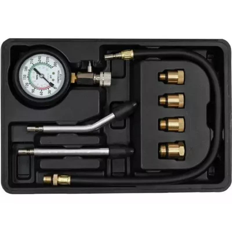Analogowy manometr YATO YT-73022 0–20 bar, tarcza 75 mm, stal węglowa, wąż 0,5 m, 4 mosiężne adaptery, walizka
