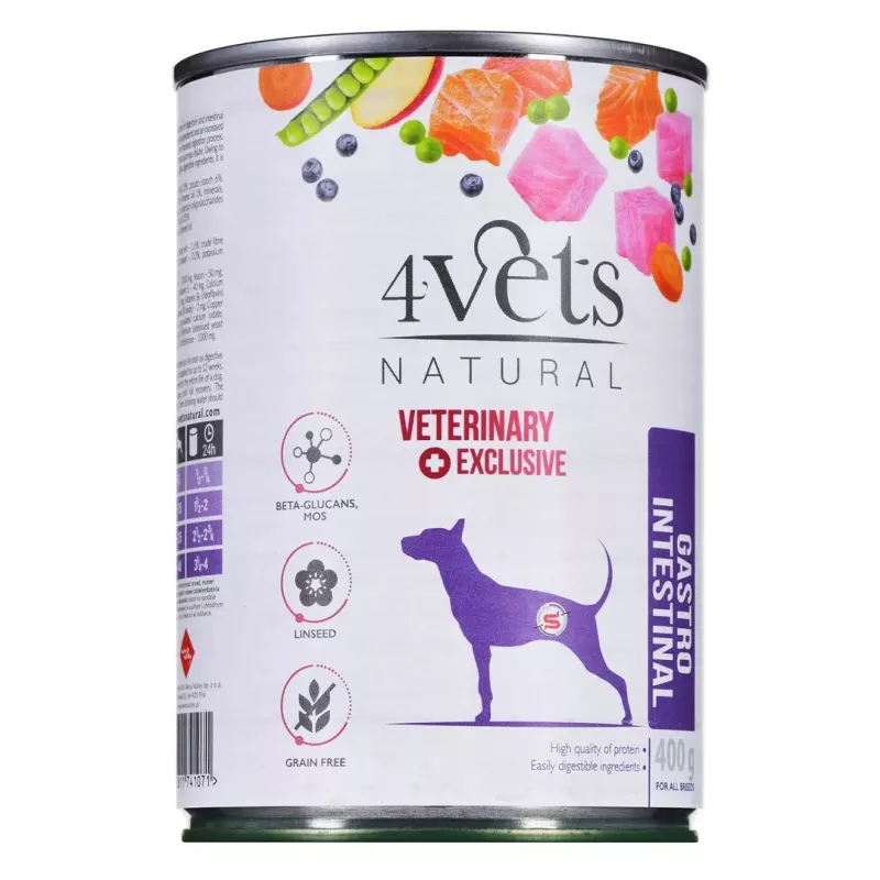 Mokra karma dla psów 4vets Natural Gastro Intestinal 400 g — terapeutyczna dieta mokra wspomagająca układ pokarmowy, indyk, 7,5% białka, 5,5% tłuszczu, bezglutenowa i bez laktozy