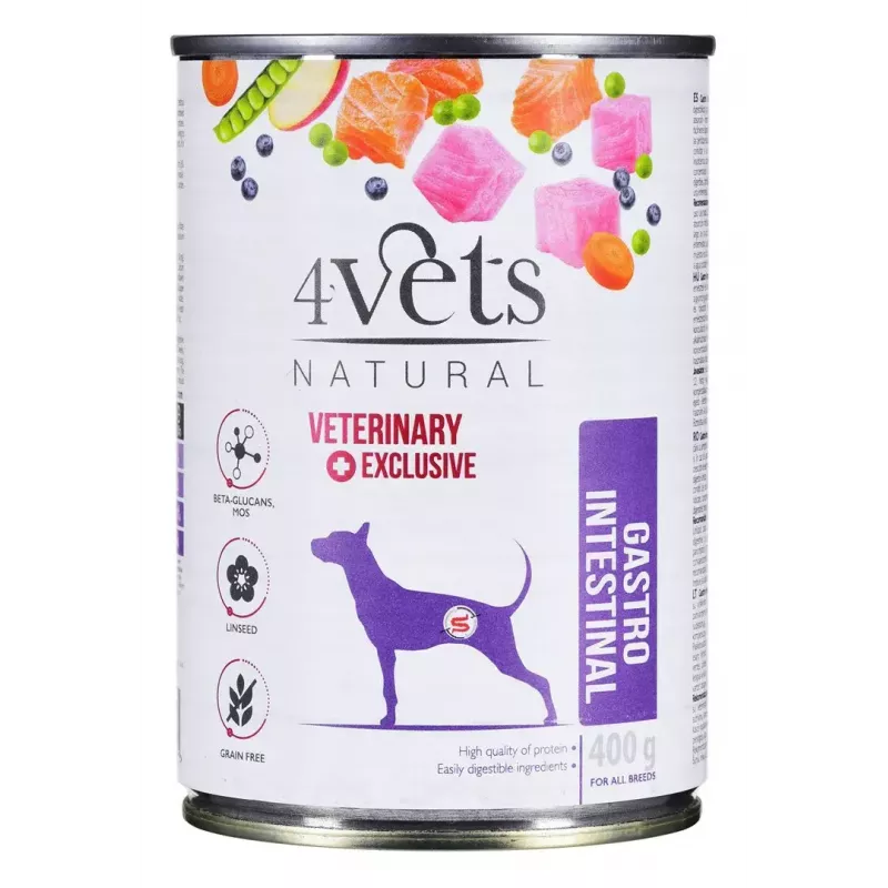 Mokra karma dla psów 4vets Natural Gastro Intestinal 400 g — terapeutyczna dieta mokra wspomagająca układ pokarmowy, indyk, 7,5% białka, 5,5% tłuszczu, bezglutenowa i bez laktozy