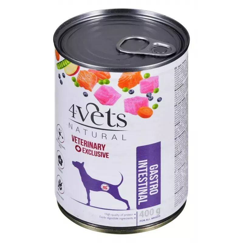 Mokra karma dla psów 4vets Natural Gastro Intestinal 400 g — terapeutyczna dieta mokra wspomagająca układ pokarmowy, indyk, 7,5% białka, 5,5% tłuszczu, bezglutenowa i bez laktozy
