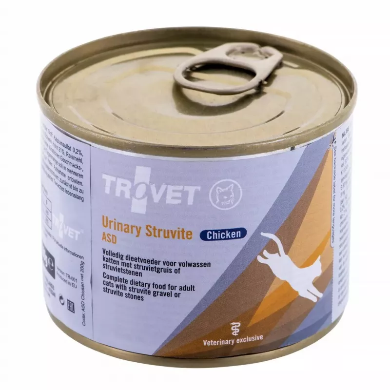 Mokra karma dla kota TROVET ASD Urinary Struvite kurczak 200 g — dieta weterynaryjna dla zdrowia układu moczowego, 76% wilgotności, 9,2% białka, 5,5% tłuszczu