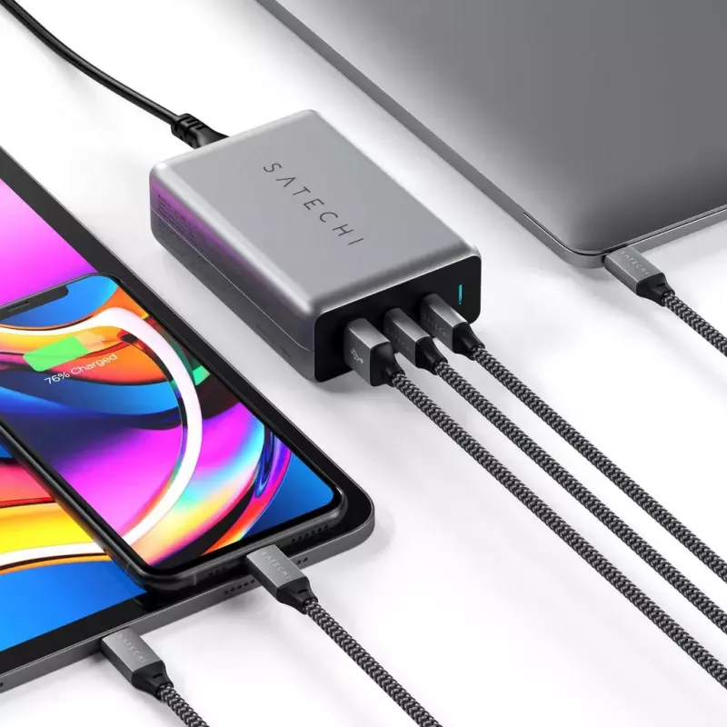 Ładowarka do urządzeń mobilnych Satechi ST-TC100GM-EU, 100 W, 2× USB-C, wejście AC 100–240 V, szara