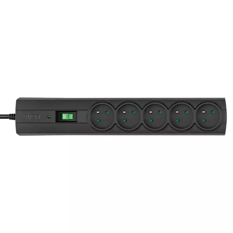 Przedłużacz sieciowy EVER Classic 5 m — 5 gniazd AC, 230 V, 10 A, zabezpieczenie przeciwprzepięciowe, czarny
