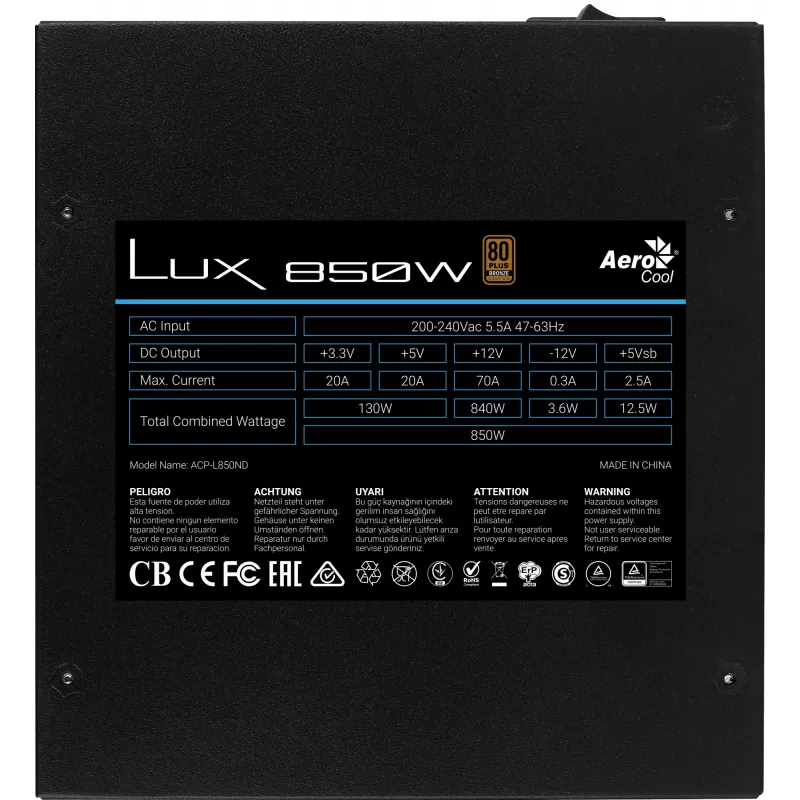 Zasilacz Aerocool LUX850 PC 850W 80 Plus Bronze 230V 88% sprawności czarny