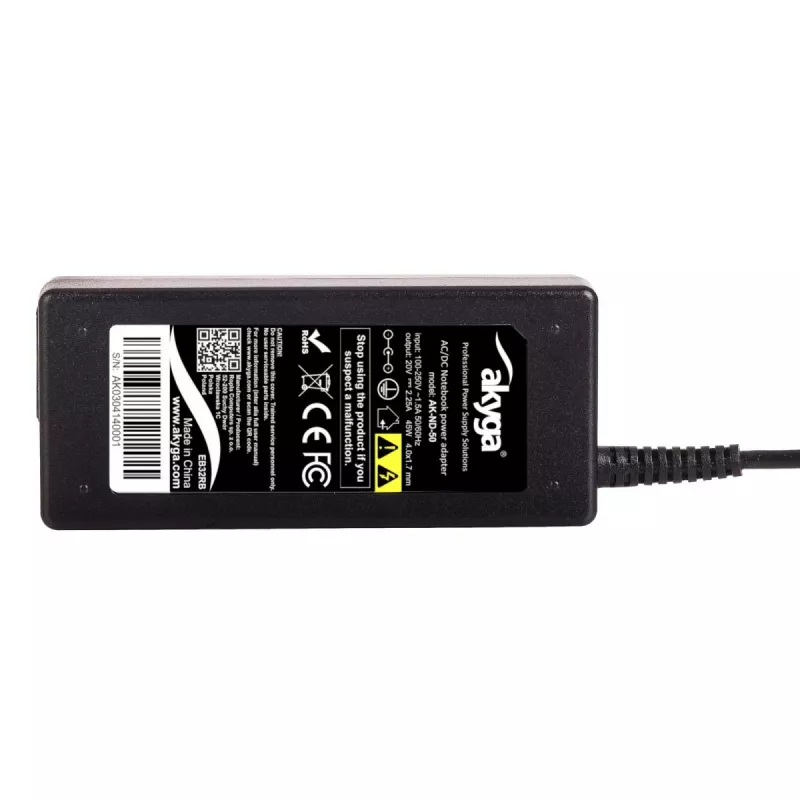 Zasilacz Akyga AK-ND-50 do laptopów, 20 V 2,25 A 45 W, złącze 4,0×1,7 mm, kabel 1,2 m, czarny