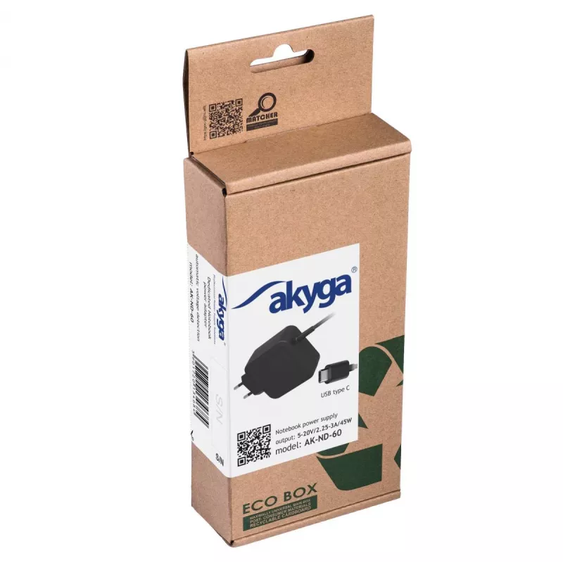 Zasilacz Akyga AK-ND-60, uniwersalny 45 W, wejście 100–250 V, czarny, 0,183 kg