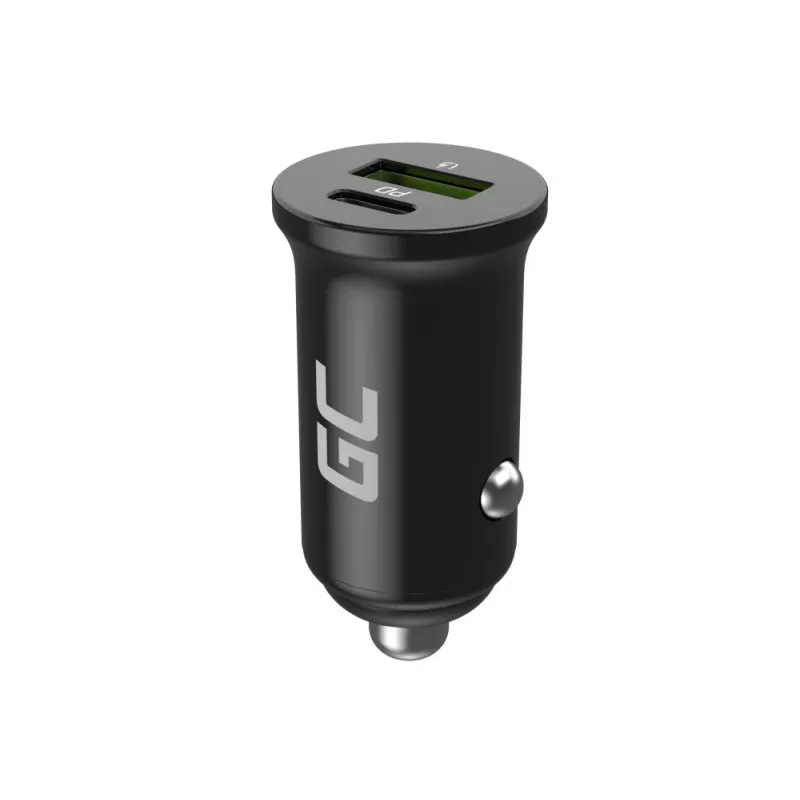 Ładowarka samochodowa zielony Cell CADM-GC-38AC 38W, 1x USB-C (PD 3.0) + 1x USB-A, obudowa aluminiowa, czarna