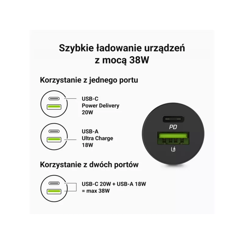 Ładowarka samochodowa zielony Cell CADM-GC-38AC 38W, 1x USB-C (PD 3.0) + 1x USB-A, obudowa aluminiowa, czarna