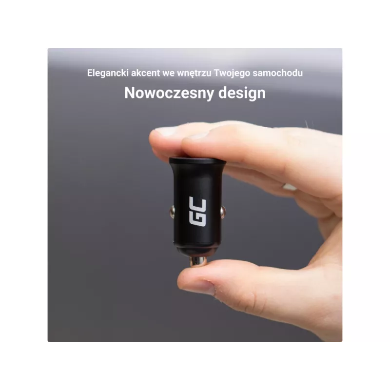 Ładowarka samochodowa zielony Cell CADM-GC-38AC 38W, 1x USB-C (PD 3.0) + 1x USB-A, obudowa aluminiowa, czarna