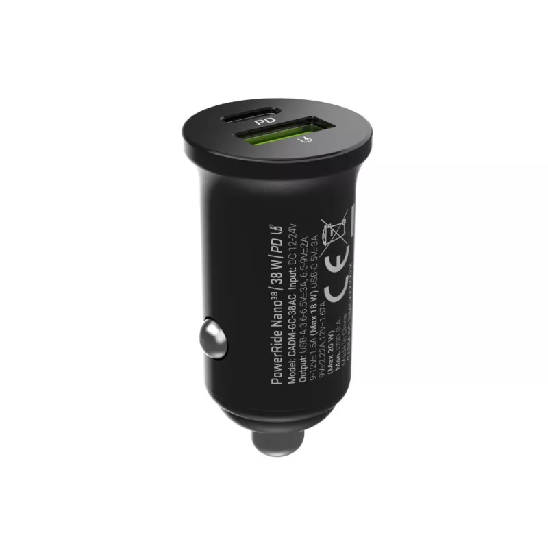 Ładowarka samochodowa zielony Cell CADM-GC-38AC 38W, 1x USB-C (PD 3.0) + 1x USB-A, obudowa aluminiowa, czarna