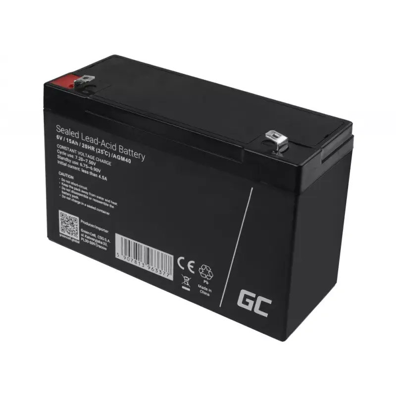 UPS battery zielony Cell AGM40 — VRLA AGM 6V 14Ah, sealed lead‑acid, 94×50×151 mm, 1.8 kg