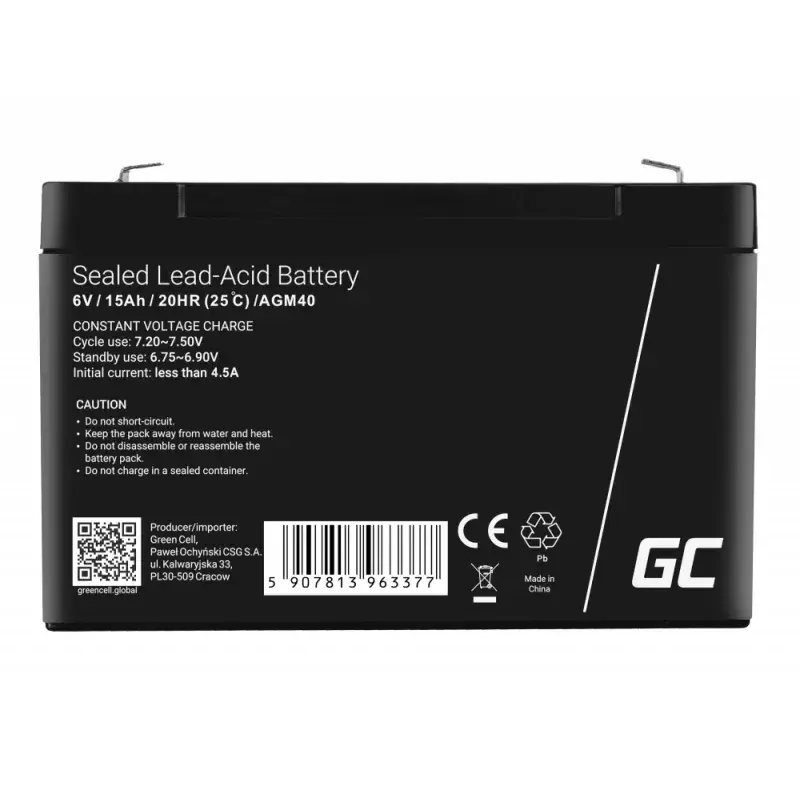 UPS battery zielony Cell AGM40 — VRLA AGM 6V 14Ah, sealed lead‑acid, 94×50×151 mm, 1.8 kg