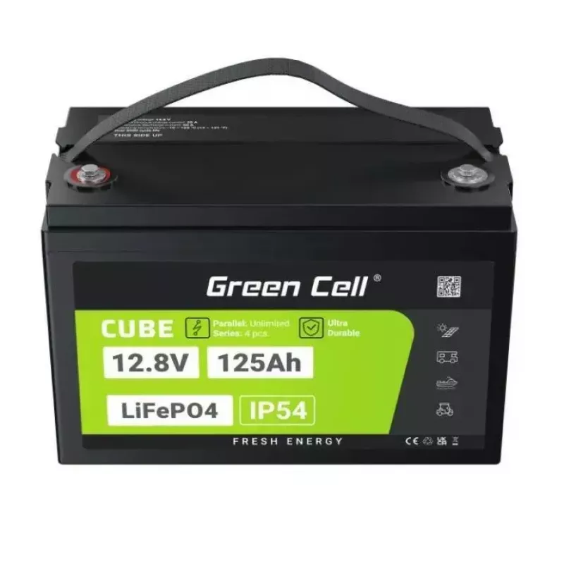 Bateria LiFePO4 zielony Cell 12,8V 125Ah — 125 Ah, 12,8 V, 150 A maks. rozładowania, 13,5 kg, 340×180×225 mm