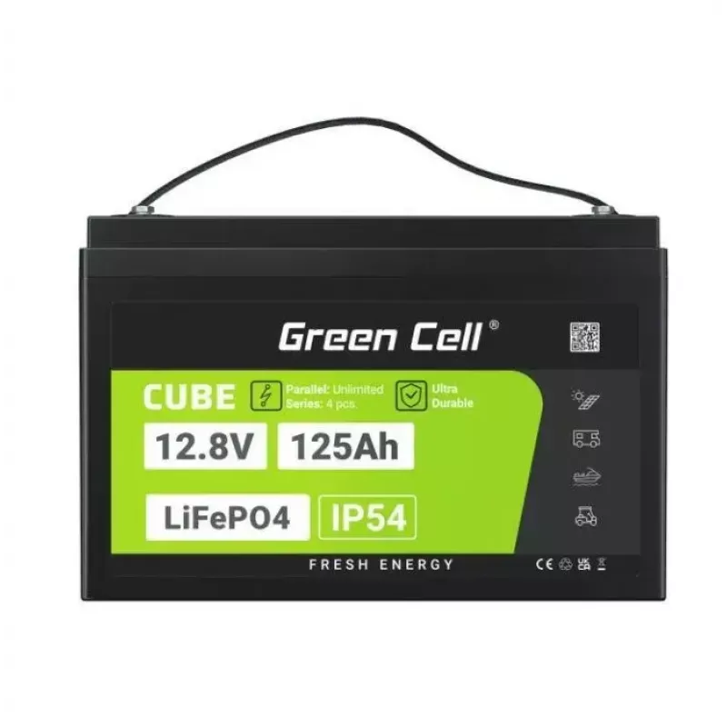 Bateria LiFePO4 zielony Cell 12,8V 125Ah — 125 Ah, 12,8 V, 150 A maks. rozładowania, 13,5 kg, 340×180×225 mm