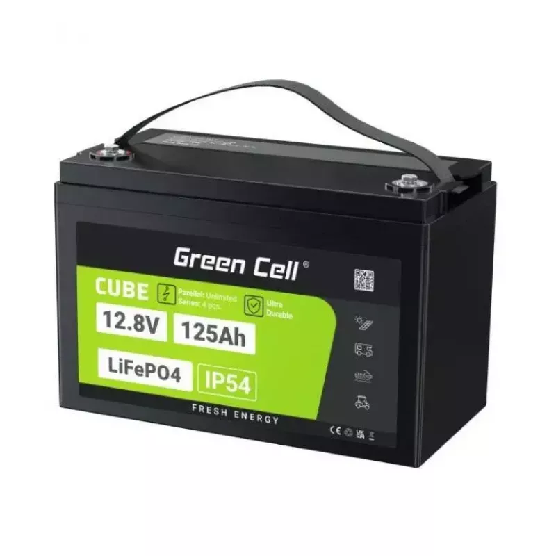 Bateria LiFePO4 zielony Cell 12,8V 125Ah — 125 Ah, 12,8 V, 150 A maks. rozładowania, 13,5 kg, 340×180×225 mm