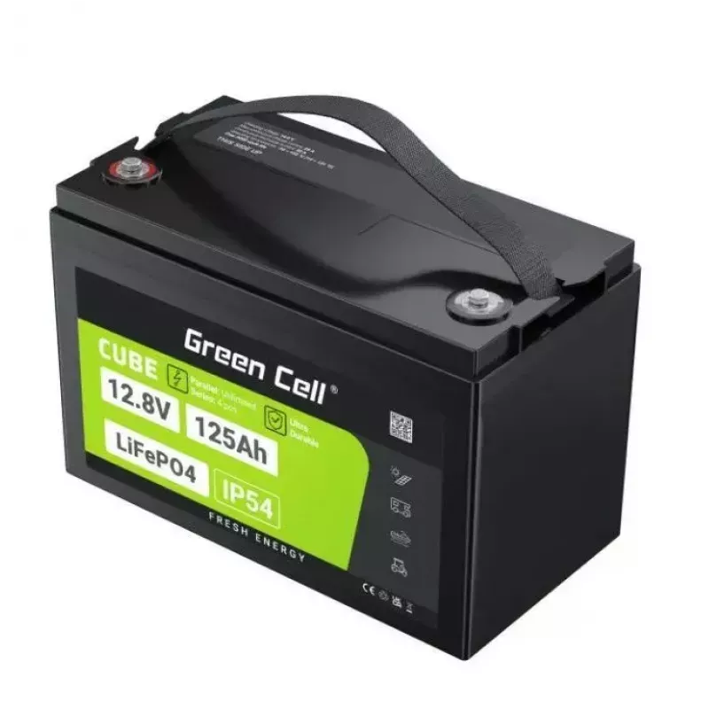 Bateria LiFePO4 zielony Cell 12,8V 125Ah — 125 Ah, 12,8 V, 150 A maks. rozładowania, 13,5 kg, 340×180×225 mm