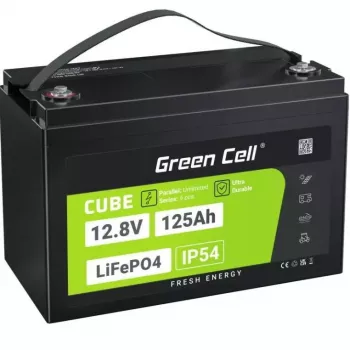 Bateria LiFePO4 zielony Cell 12,8V 125Ah — 125 Ah, 12,8 V, 150 A maks. rozładowania, 13,5 kg, 340×180×225 mm