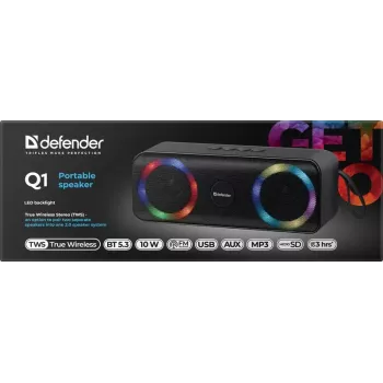 Przenośny głośnik Bluetooth Mono DEFENDER Q1 Czarny, 10W RMS, 1200 mAh, Bluetooth 5.0, MicroSD, FM, AUX, USB